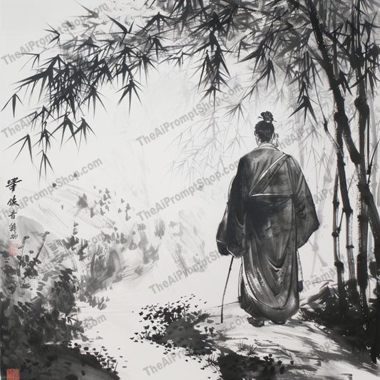 Elegant Zen Ink Art AI MidJourney Image Prompt, 8917 Isometrics & Icons, midjourney, zen, ink art, minimalist, solitary figure, serene landscapes, calmness, introspection, delicate brushwork, subtle contrasts, traditional, asian art, tranquility, peaceful, nature, monochrome, black and white, meditative, walking, bamboo, chinese painting, Midjourney, Ai, Ai Image Prompt, Image Prompt, Prompt