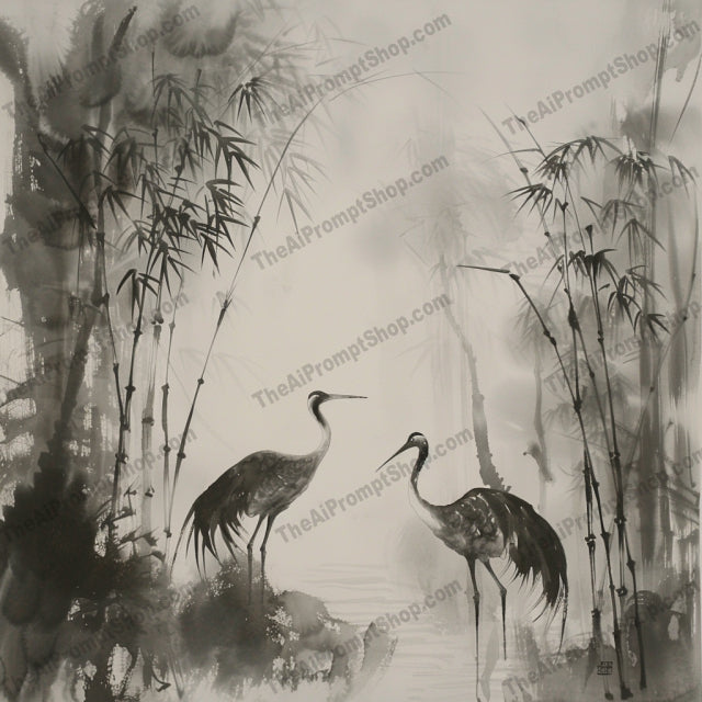 Oriental Ink Painting AI MidJourney Image Prompt, 8914 Landscapes & Paintings, midjourney, Oriental, ink painting, nature, traditional architecture, serenity, tranquility, harmony, landscape, brush strokes, light and shadow, classical art, Asian art, mountains, trees, bamboo, cranes, cherry blossoms, water scenery, reflection, mist, Midjourney, Ai, Ai Image Prompt, Image Prompt, Prompt