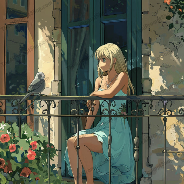 Balcony Reflections AI MidJourney Image Prompt, 9578 Anime, midjourney, balcony, illustration, serene, peaceful, flowers, greenery, vibrant, tranquil, detailed, warm hues, outdoors, scenic, art, digital art, calm, summer, window view, nature, plants, sky, Midjourney, Ai, Ai Image Prompt, Image Prompt, Prompt