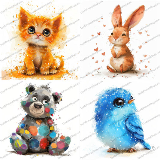 Adorable Baby Animals AI MidJourney Image Prompt, 9322 Animals, midjourney, cute animals, baby animals, kitten, bunny, bear, blue bird, illustration, animal art, whimsical, adorable pets, animal characters, animal lovers, digital illustration, colorful bear, furry friends, playful, charming, pet lovers, children's art, cute and cuddly, fantasy animals, animal portraits, Midjourney, Ai, Ai Image Prompt, Image Prompt, Prompt
