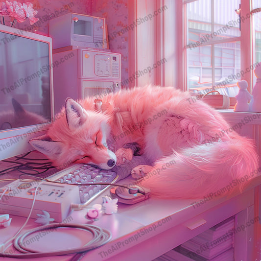 Cute Animals Sleeping on Office Desks AI MidJourney Image Prompt, 9092 Animals, midjourney, cute animals, sleeping animals, fox, cat, owl, rabbit, office desk, serene, pastel colors, cozy atmosphere, tranquility, comfort, adorable, peaceful, warm light, digital illustration, furry friends, work space, relaxation, soft colors, charming, Midjourney, Ai, Ai Image Prompt, Image Prompt, Prompt
