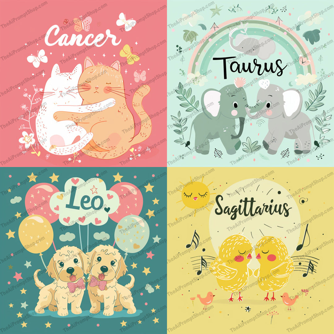 Astrology Animal Illustrations AI MidJourney Image Prompt, 9321 Animals, midjourney, astrology, zodiac, animals, cute, whimsical, illustration, pastel colors, star signs, horoscope, cancer, leo, taurus, sagittarius, animal art, zodiac animals, cute animals, whimsy, art, charming, delightful, symbolism, Midjourney, Ai, Ai Image Prompt, Image Prompt, Prompt
