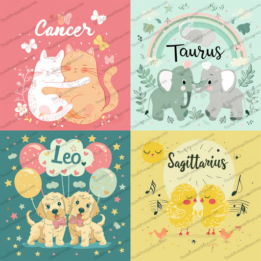Astrology Animal Illustrations AI MidJourney Image Prompt, 9321 Animals, midjourney, astrology, zodiac, animals, cute, whimsical, illustration, pastel colors, star signs, horoscope, cancer, leo, taurus, sagittarius, animal art, zodiac animals, cute animals, whimsy, art, charming, delightful, symbolism, Midjourney, Ai, Ai Image Prompt, Image Prompt, Prompt