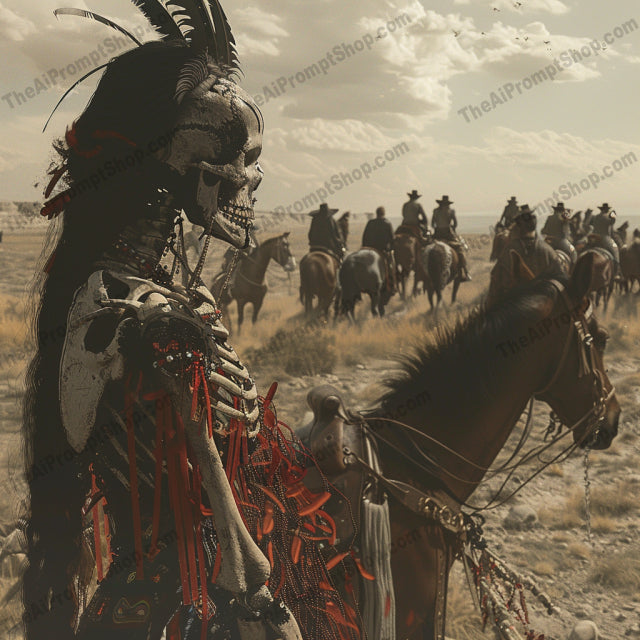 AI MidJourney Image Prompt, Apocalyptic Riders, 4854Ancient curses, chat gpt, chat gpt prompts, chatgpt, chatgpt prompts, Dark fantasy, Decayed grandeur, Desolate plains, Dystopian art, Eerie landscapes, Grim procession, Horseback specters, midjourney, Mythic apocalypse, Ominous riders, Post-apocalyptic world, Scary, Skeleton motifs, Surreal creatures, Tribal face paint, Tribal warriors, Warrior illustrations