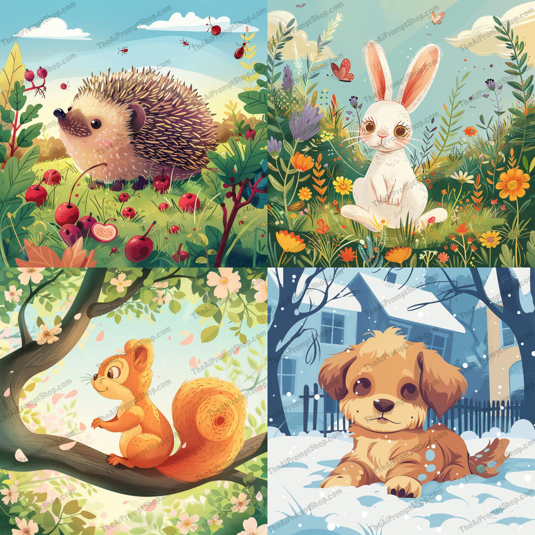 Whimsical Woodland Creatures AI MidJourney Image Prompt, 9541 Storybook Illustrations, midjourney, woodland, animals, cute, hedgehog, bunny, squirrel, puppy, vibrant, whimsical, illustration, nature, charming, enchanting, playful, colorful, environment, forest, wildlife, character, adorable, Midjourney, Ai, Ai Image Prompt, Image Prompt, Prompt