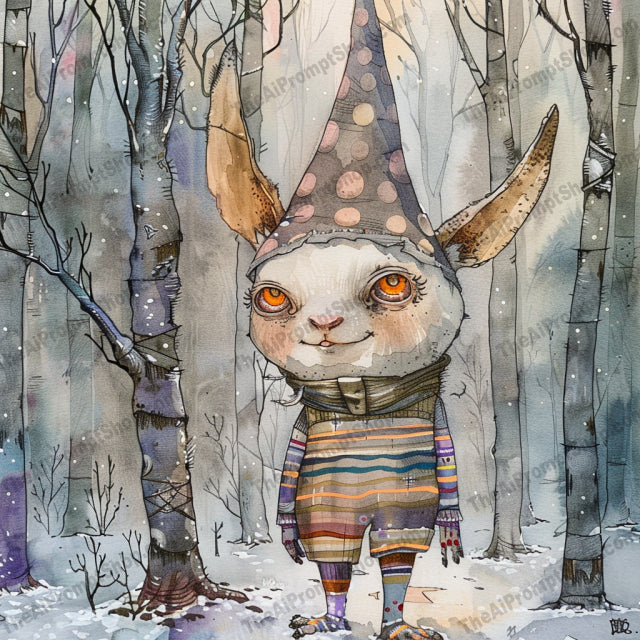 Whimsical Winter Creatures AI MidJourney Image Prompt, 9654 Storybook Illustrations, midjourney, whimsical, winter, creatures, illustration, colorful, forest, snow, adorable, playful, magical, fantasy, cute, artwork, characters, cartoonish, winter fashion, stripes, hats, scarves, enchanted, Midjourney, Ai, Ai Image Prompt, Image Prompt, Prompt