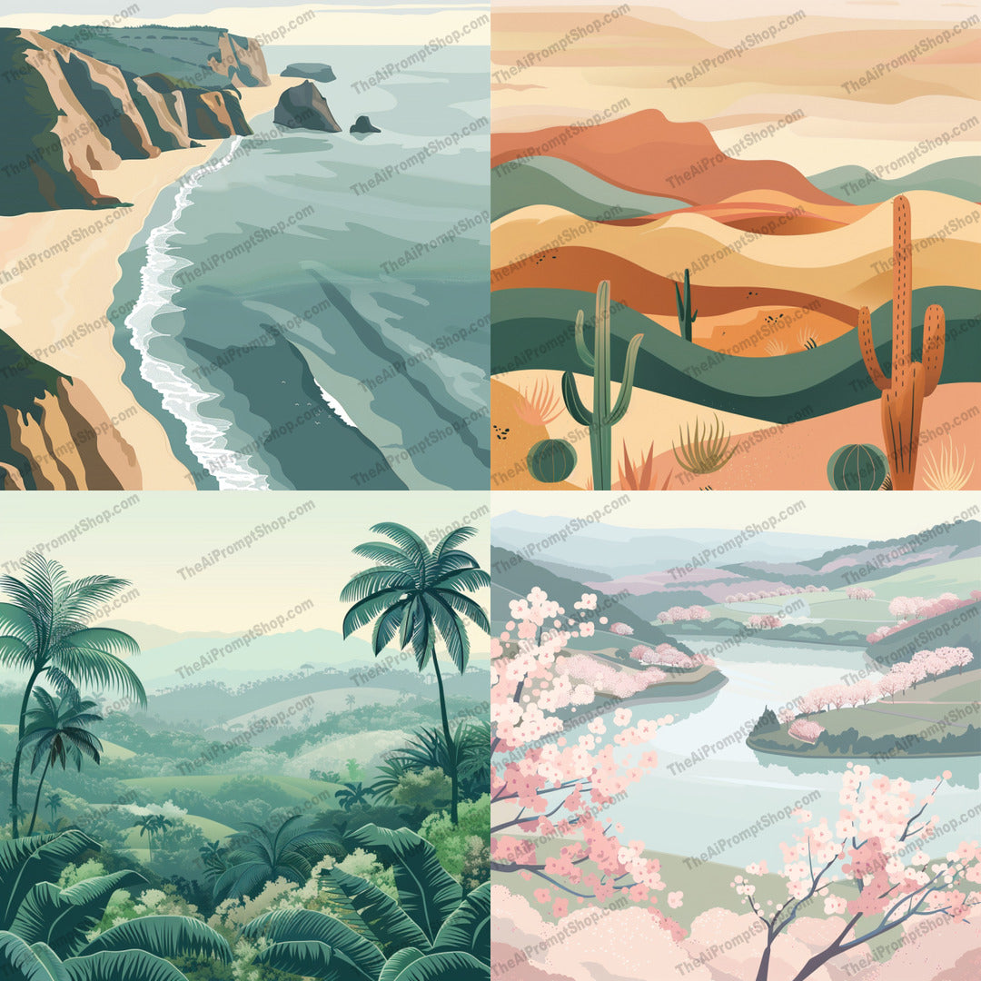 Serene Landscape Illustrations AI MidJourney Image Prompt, 9308 Landscapes & Paintings, midjourney, landscape, nature, serene, illustration, soft colors, calm, peaceful, scenic, picturesque, aesthetic, beauty, outdoors, artwork, natural, environment, pastel, tranquil, restful, view, breathtaking, Midjourney, Ai, Ai Image Prompt, Image Prompt, Prompt