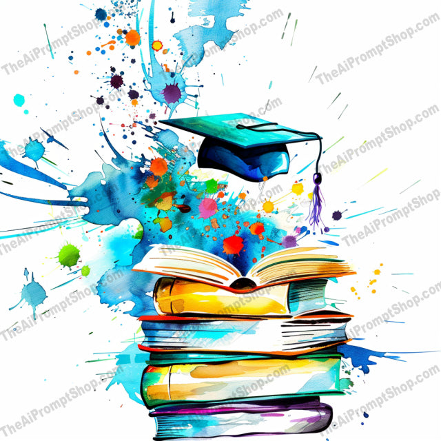 Abstract Learning and Growth AI MidJourney Image Prompt, 8164abstract watercolor, artistic, colorful art, creativity, dynamic, education, graduation cap, growth, ink, knowledge, laptop, learning books, midjourney, painting, plant, splashes, study, vibrant
