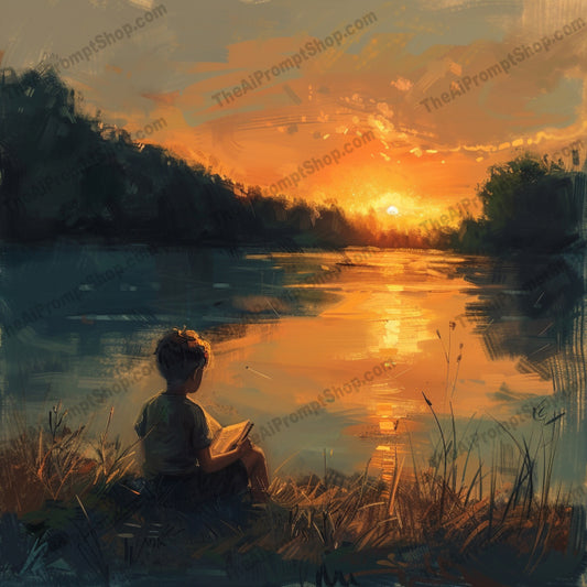 Golden Hour Moments AI MidJourney Image Prompt, 8908 Landscapes & Paintings, midjourney, golden hour, serene, tranquility, child reading, lake, chalk drawing, creativity, guitar, sunset, pottery, artistry, peaceful, everyday moments, art, nature, sunlight, evening, outdoor activities, illustration, relaxation, calm, Midjourney, Ai, Ai Image Prompt, Image Prompt, Prompt