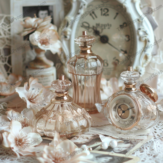 Vintage Floral Still Life Art AI MidJourney Image Prompt, 8084antique perfume bottles, artistic prints, classic elegance, delicate flowers, elegant decor, feminine decor, floral still life, home decor, intricate details, midjourney, nostalgic art, old-world charm, refined decor, romantic art, soft pastels, sophisticated decor, timeless beauty, vintage luxury, vintage perfume art, vintage-inspired art