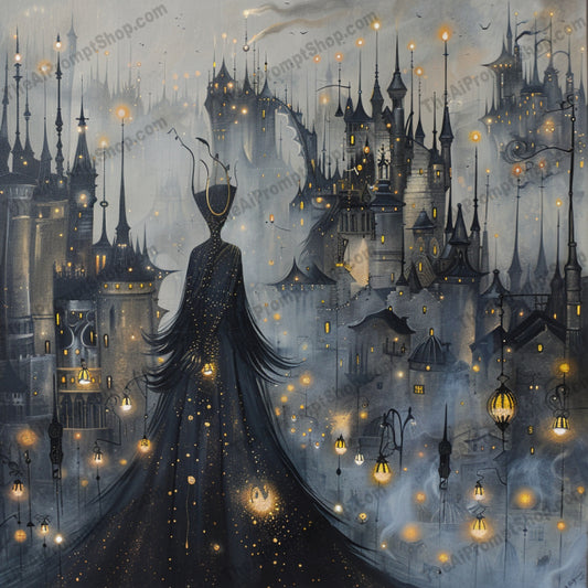 Mysterious Lantern-Lit City AI MidJourney Image Prompt, 8928 Animation & Cartoons, midjourney, mysterious, lanterns, cityscape, fantasy, dark, night, castle, silhouette, cloaked figure, floating lights, enchanting, mesmerizing, pathways, fantasy city, magical, nighttime, whimsical, dreamlike, gothic, moody, Midjourney, Ai, Ai Image Prompt, Image Prompt, Prompt