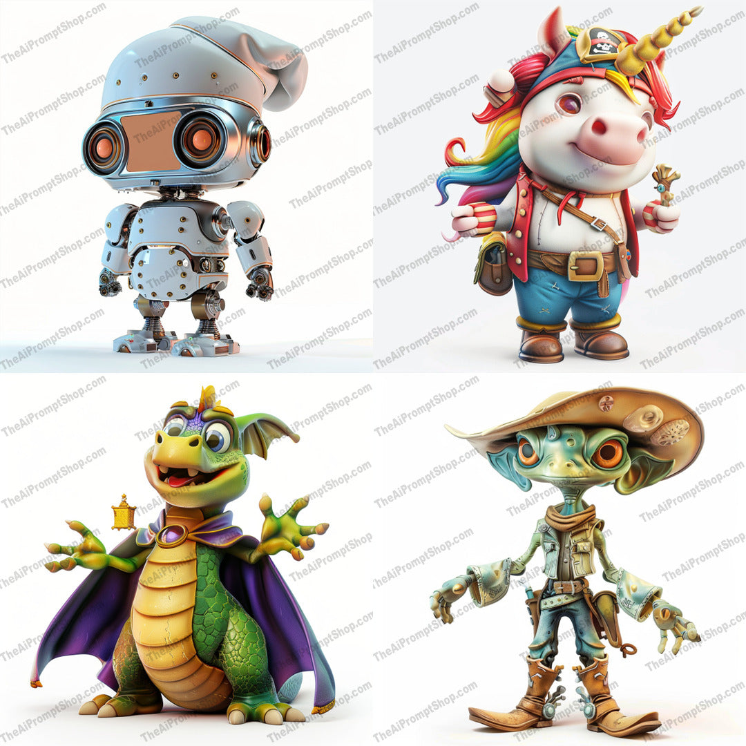 Whimsical Character Art AI MidJourney Image Prompt, 9454 Character Art, midjourney, whimsical, character art, cartoon characters, robot, unicorn, pirate, dragon, cape, alien, cowboy, cute characters, imaginative, fantastical, colorful, endearing, playful, fantasy, futuristic, anthropomorphic, costumes, Midjourney, Ai, Ai Image Prompt, Image Prompt, Prompt