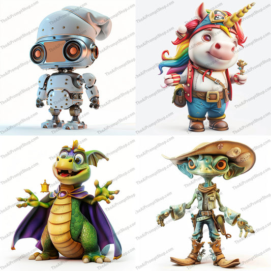 Whimsical Character Art AI MidJourney Image Prompt, 9454 Character Art, midjourney, whimsical, character art, cartoon characters, robot, unicorn, pirate, dragon, cape, alien, cowboy, cute characters, imaginative, fantastical, colorful, endearing, playful, fantasy, futuristic, anthropomorphic, costumes, Midjourney, Ai, Ai Image Prompt, Image Prompt, Prompt