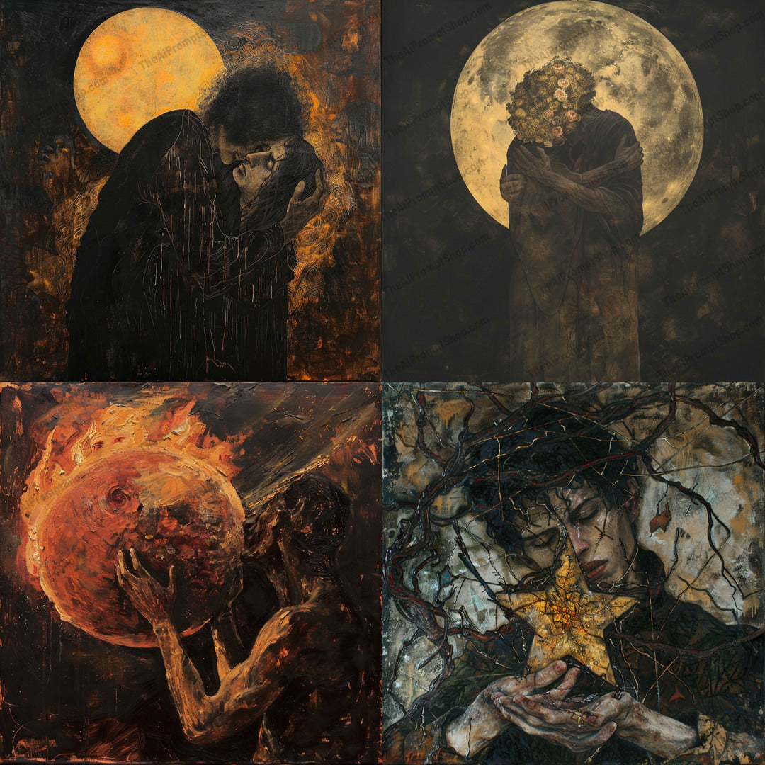 Ethereal Celestial Art AI MidJourney Image Prompt, 8925 Landscapes & Paintings, midjourney, ethereal, celestial, surreal, art, cosmos, dark, moody, human figures, emotional, conceptual, intense, interaction, mystical, otherworldly, otherworldly beings, abstract, universe, otherworldly connections, stars, solar objects, cosmic art, Midjourney, Ai, Ai Image Prompt, Image Prompt, Prompt