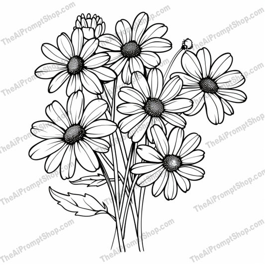 Elegant Flower Bouquet Line Art AI MidJourney Image Prompt, 8189art, black and white, botanical, classic, daisies, detailed, drawing, elegant, floral design, flower bouquet line art, illustration, leavesmidjourney, lilies, nature, petals, roses, sketch, sunflowers