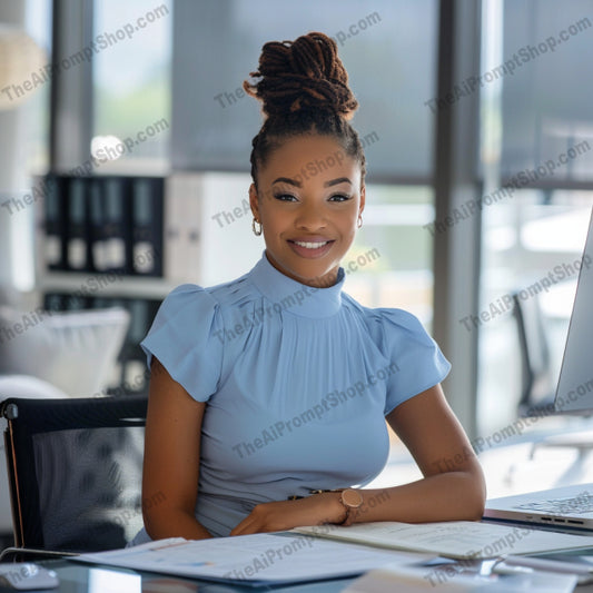 Elegant Professional Woman at Work AI MidJourney Image Prompt, 8312Ai, Ai Image Prompt, business environment, career woman, composed, confident, desk, elegant, engrossed in work, grace, Image Prompt, midjourney, modern decor, natural light, office decor, office setting, Portraits & People, productive work environment, professional woman, professionalism, Prompt, serene atmosphere, sophisticated taste, stylish office, women at work, working woman