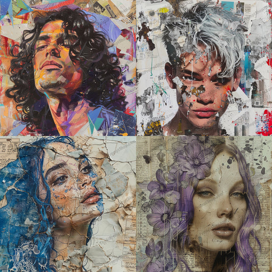 Mixed Media Portrait AI MidJourney Image Prompt, 8985 Portraits & People, midjourney, mixed media, portrait, vibrant colors, abstract shapes, layered textures, contemporary art, modern art, artistic, creative, collage, unique, stylish, eye-catching, decorative, fine art, wall art, colorful, art collection, trendy, visual arts, Midjourney, Ai, Ai Image Prompt, Image Prompt, Prompt