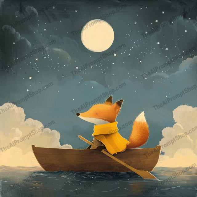 Whimsical Night Rowing AI MidJourney Image Prompt, 9342 Landscapes & Paintings, midjourney, whimsical, night, rowing, boat, serene, star-filled, sky, calm, tranquil, water, soft colors, dreamy, peace, wonder, nighttime, illustration, character, moonlight, paddle, starry night, Midjourney, Ai, Ai Image Prompt, Image Prompt, Prompt