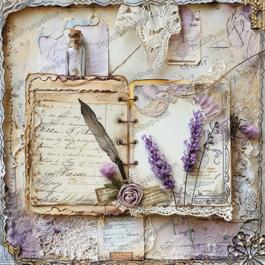 Vintage Aesthetic Collage AI MidJourney Image Prompt, 8461Ai, Ai Image Prompt, antique, art, craft, decor, delicate, elegant, flowers, handwritten, Image Prompt, lace, letters, midjourney, nostalgic, old paper, Patterns & Wallpapers, Prompt, retro, romantic, scissors, scrapbook, shabby chic, typewriter, vintage, vintage objects