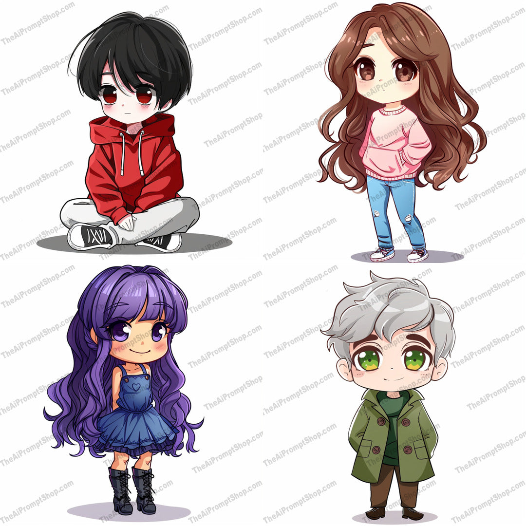 Chibi Characters AI MidJourney Image Prompt, 9005 Character Art, midjourney, chibi, cute, adorable, cartoon, characters, kawaii, fashion, style, illustration, anime, art, design, drawing, digital art, cute characters, outfits, expressions, kids, youthful, fun, Midjourney, Ai, Ai Image Prompt, Image Prompt, Prompt