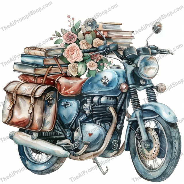 Vintage Boho Illustration AI MidJourney Image Prompt, 8455Ai, Ai Image Prompt, art, bike, bohemian, books, charming, delicate, elegant, Florals, flowers, fruit cart, greeting cards, home decor, illustration, Image Prompt, midjourney, motorcycle, nostalgic, pastel, prints, Prompt, rustic, van, vintage, watercolor
