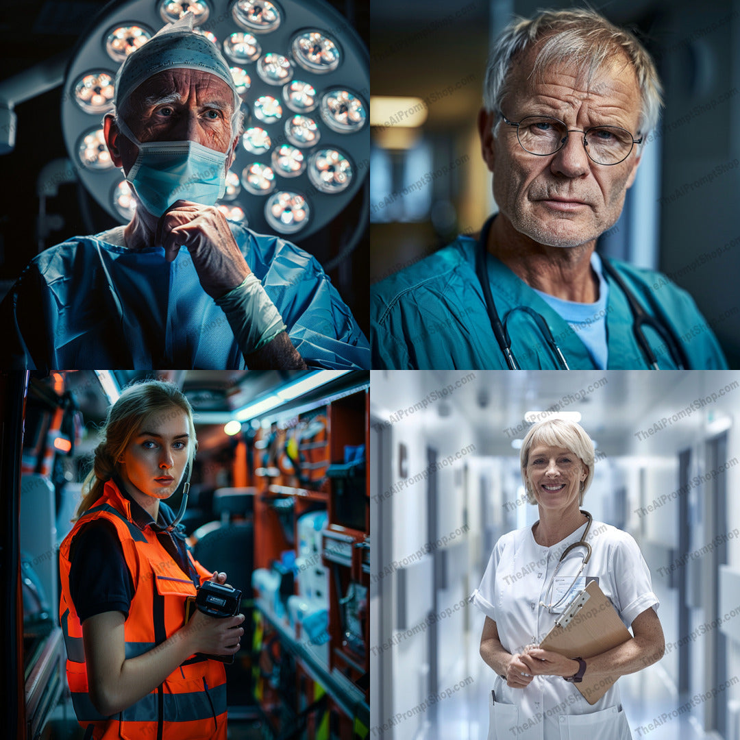 Medical Professionals AI MidJourney Image Prompt, 8859 Logos, midjourney, medical, professional, healthcare, hospital, doctor, nurse, surgeon, scrubs, clinic, emergency, medic, rescue, operation, surgery, health, medicine, staff, paramedic, treatment, care, Midjourney, Ai, Ai Image Prompt, Image Prompt, Prompt