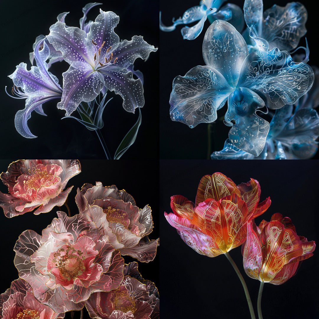 Luminous Floral Elegance AI MidJourney Image Prompt, 9636 Florals, midjourney, digital art, floral, ethereal, glowing flowers, botanical illustration, luminous, delicate petals, intricate details, beautiful blooms, fantasy flowers, artistic rendering, illuminated flora, elegant design, decorative art, vibrant colors, unique flowers, modern botanical, enchanting flora, digital illustration, art print, Midjourney, Ai, Ai Image Prompt, Image Prompt, Prompt