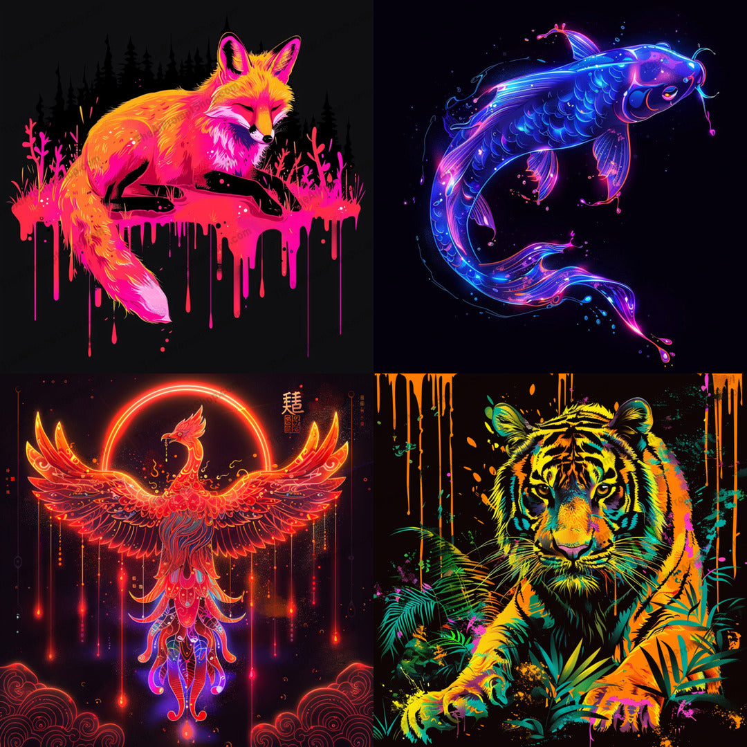 Neon Animal Illustrations AI MidJourney Image Prompt, 9027 Animals, midjourney, neon, animal, illustration, vibrant, electric colors, art, modern, decor, dynamic, detailed, captivating, visual, statement piece, colorful, design, interior decor, mesmerizing, artwork, bright, creative, Midjourney, Ai, Ai Image Prompt, Image Prompt, Prompt