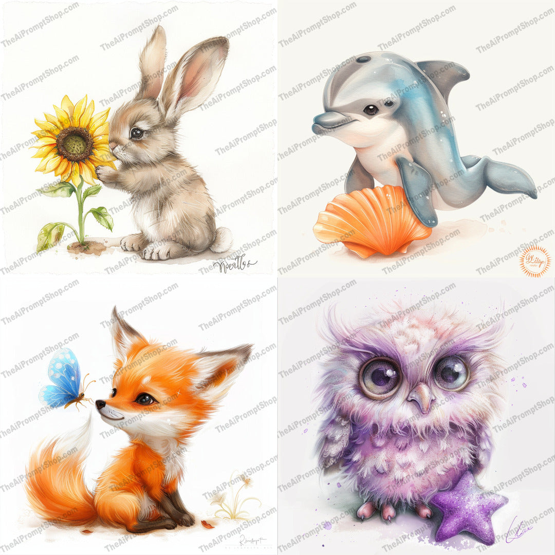 Cute Animal Illustrations AI MidJourney Image Prompt, 9319 Animals, midjourney, cute, animal, rabbit, sunflower, dolphin, seashell, fox, butterfly, illustration, art, adorable, charming, detailed, playful, nature, wildlife, cartoon, whimsical, character, fantasy, Midjourney, Ai, Ai Image Prompt, Image Prompt, Prompt