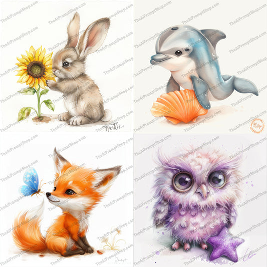 Cute Animal Illustrations AI MidJourney Image Prompt, 9319 Animals, midjourney, cute, animal, rabbit, sunflower, dolphin, seashell, fox, butterfly, illustration, art, adorable, charming, detailed, playful, nature, wildlife, cartoon, whimsical, character, fantasy, Midjourney, Ai, Ai Image Prompt, Image Prompt, Prompt
