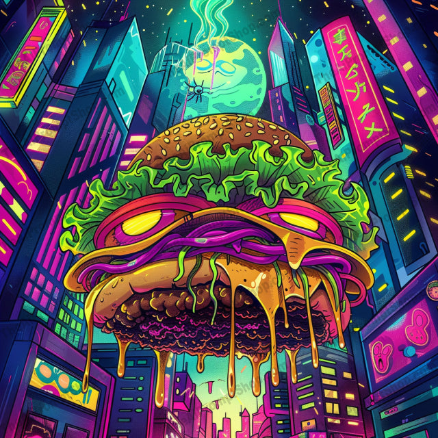 Cosmic Neon Food Fantasy AI MidJourney Image Prompt, 8038AI image prompts, artistic exploration, colorful food art, cosmic creations, cosmic food art, cosmic illustrations, creative inspiration, creative prompts, fantasy desserts, fantasy food, fantasy food art, food fantasy, food in space, imaginative designs, midjourney, neon vibes, otherworldly food, surreal food, vibrant art