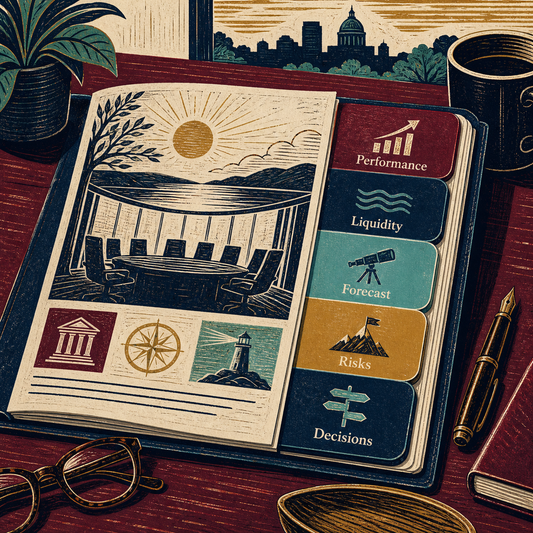 Illustrative board-finance pack covering performance, liquidity, forecast, risks, and decisions.