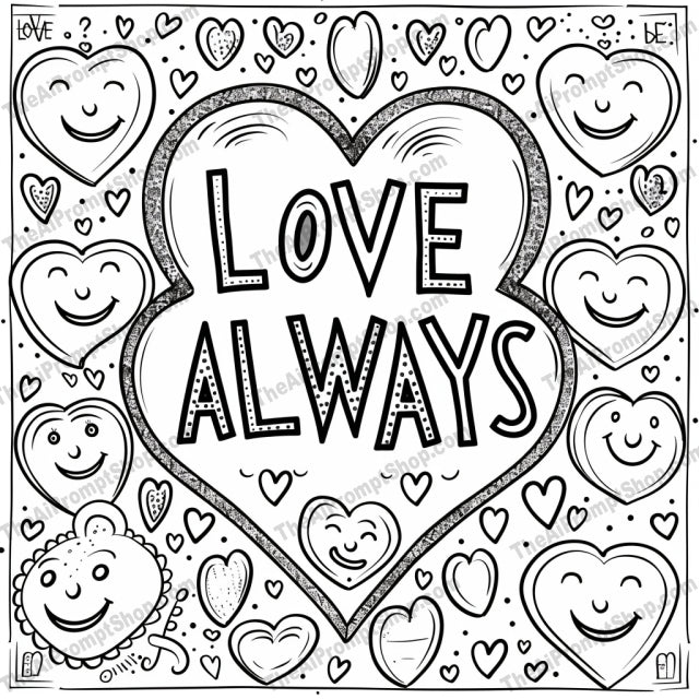 Inspirational Coloring Page AI MidJourney Image Prompt, 9357 Coloring Pages, midjourney, coloring page, inspirational quotes, black and white, doodles, Stay Happy, Dream Big, Be Brave, Love Always, flowers, stars, hearts, cute characters, uplifting, creative, DIY, craft, motivation, positive messages, art therapy, kids activity, Midjourney, Ai, Ai Image Prompt, Image Prompt, Prompt