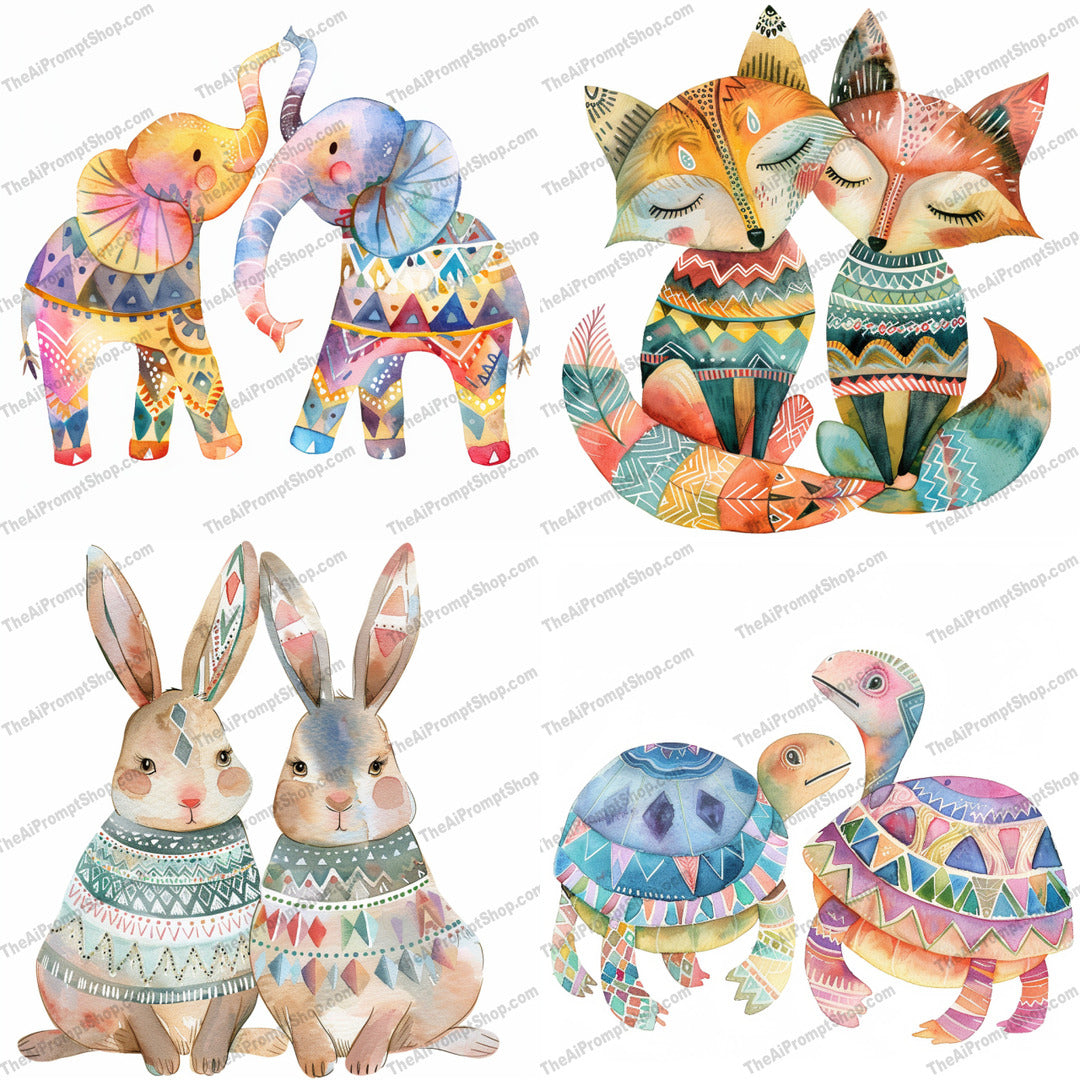 Boho Animal Art AI MidJourney Image Prompt, 8950 Animals, midjourney, boho, watercolor, animals, ethnic patterns, tribal, illustration, elephants, foxes, rabbits, turtles, whimsical, decor, art, colorful, intricate designs, bohemian, patterns, boho animals, creative art, unique designs, ethnic art, decorative, hand-painted, artistic, Midjourney, Ai, Ai Image Prompt, Image Prompt, Prompt
