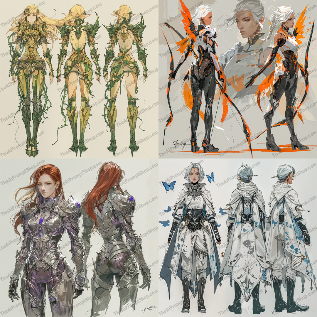 Epic Fantasy Character Designs AI MidJourney Image Prompt, 9634 Character Art, midjourney, fantasy, character design, armor, mythical, futuristic, armor sets, ornamentation, ethereal, detailed design, vivid colors, concept art, fantasy illustration, epic, heroic, battle ready, creative design, fantasy art, imaginative, costume design, illustration, Midjourney, Ai, Ai Image Prompt, Image Prompt, Prompt