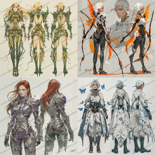 Epic Fantasy Character Designs AI MidJourney Image Prompt, 9634 Character Art, midjourney, fantasy, character design, armor, mythical, futuristic, armor sets, ornamentation, ethereal, detailed design, vivid colors, concept art, fantasy illustration, epic, heroic, battle ready, creative design, fantasy art, imaginative, costume design, illustration, Midjourney, Ai, Ai Image Prompt, Image Prompt, Prompt