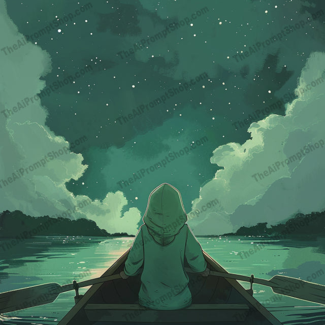 Whimsical Night Rowing AI MidJourney Image Prompt, 9342 Landscapes & Paintings, midjourney, whimsical, night, rowing, boat, serene, star-filled, sky, calm, tranquil, water, soft colors, dreamy, peace, wonder, nighttime, illustration, character, moonlight, paddle, starry night, Midjourney, Ai, Ai Image Prompt, Image Prompt, Prompt