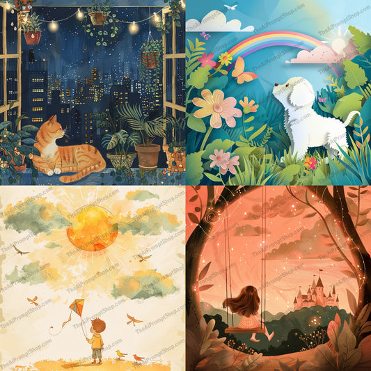 Whimsical Nature Scenes AI MidJourney Image Prompt, 9575 Storybook Illustrations, midjourney, whimsical, nature, cityscape, cat, dog, forest, kite, sun, swing, storybook, dreamy, illustration, colorful, serene, night, day, child, animal, fantasy, adventure, Midjourney, Ai, Ai Image Prompt, Image Prompt, Prompt