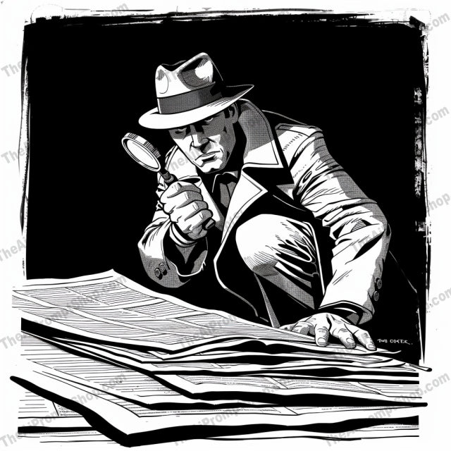 Noir Detective Illustration AI MidJourney Image Prompt, 8719 Animation & Cartoons, midjourney, noir, detective, black and white, illustration, vintage, crime fiction, mystery, drama, film noir, retro, classic, high contrast, suspense, shadow, hat, trench coat, cigarette, street lamp, newspaper, alley, Midjourney, Ai, Ai Image Prompt, Image Prompt, Prompt