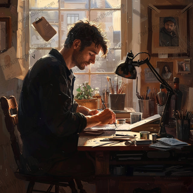 AI MidJourney Image Prompt, Quiet Moments of Creation, 4958Artisan focus, Artist at work, Artistic immersion, chat gpt, chat gpt prompts, chatgpt, chatgpt prompts, Contemplative creation, Crafting beauty, Creative concentration, Inspiration in light, midjourney, Painter's solitude, Peaceful illustration, Serene studio light, Storybook Illustrations