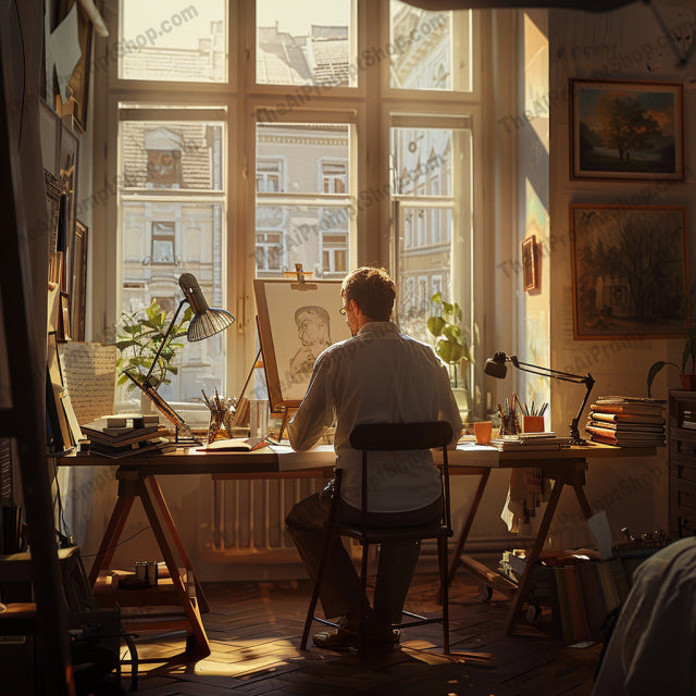 AI MidJourney Image Prompt, Quiet Moments of Creation, 4958Artisan focus, Artist at work, Artistic immersion, chat gpt, chat gpt prompts, chatgpt, chatgpt prompts, Contemplative creation, Crafting beauty, Creative concentration, Inspiration in light, midjourney, Painter's solitude, Peaceful illustration, Serene studio light, Storybook Illustrations