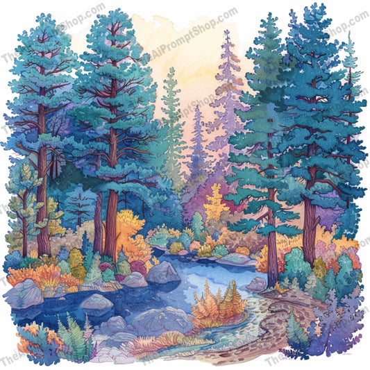 Forest Landscape Illustration AI MidJourney Image Prompt, 8691 Landscapes & Paintings, midjourney, forest, landscape, watercolor, illustration, nature, trees, river, serene, lush, greenery, enchanting, majestic, art, whimsical, vibrant, peaceful, scenic, natural, detailed, colorful, Midjourney, Ai, Ai Image Prompt, Image Prompt, Prompt