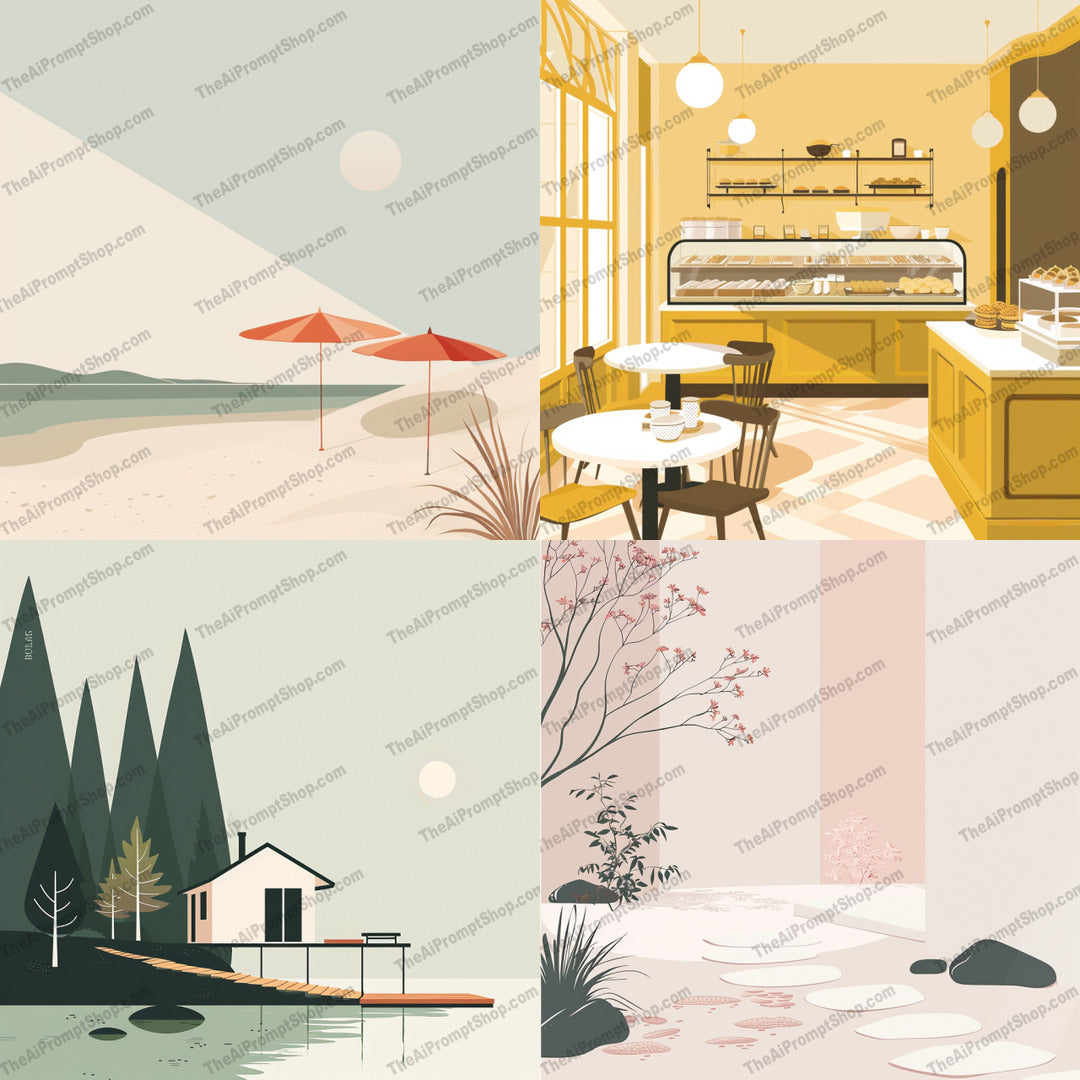 Minimalist Serene Scenes AI MidJourney Image Prompt, 9552 Landscapes & Paintings, midjourney, minimalist, serene, tranquil, beach, umbrellas, café, interior, cabin, lakeside, Japanese garden, trees, lake, water, cozy, peaceful, quiet, relaxing, nature, calm, scenic, Midjourney, Ai, Ai Image Prompt, Image Prompt, Prompt