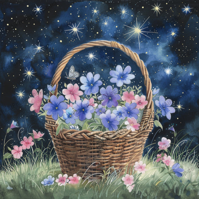 Starry Night Flower Basket AI MidJourney Image Prompt, 9655 Florals, midjourney, flower basket, starry night, wicker basket, vibrant flowers, botanical art, celestial background, dreamy aesthetic, surreal art, night sky, floral arrangement, colorful flowers, nature art, cosmic art, garden blooms, basket of flowers, star-filled sky, floral fantasy, floral illustration, blooming flowers, galactic art, Midjourney, Ai, Ai Image Prompt, Image Prompt, Prompt