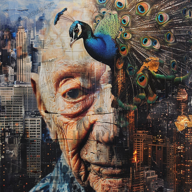 Mixed Media Collage Art AI MidJourney Image Prompt, 9352 Fantasy, midjourney, mixed media, collage, nature, wildlife, urban, art, textures, colors, visual composition, peacock, butterfly, mountains, cityscape, artistic, creative, vibrant, eye-catching, harmonious, unique, engaging, visual art, Midjourney, Ai, Ai Image Prompt, Image Prompt, Prompt