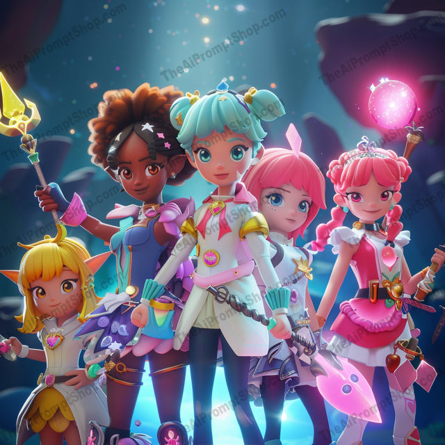 AI MidJourney Image Prompt, Mystical Heroines, 5148Adventure animation, Animation, Anime-inspired 3D, cartoon, Diverse hero team, Enchanted artifacts, Enchanted castle background, Fantasy character group, Heroine ensemble, Legendary warriors, Magical girl squad, Magical powers, midjourney, Sparkling effects, Team of heroes