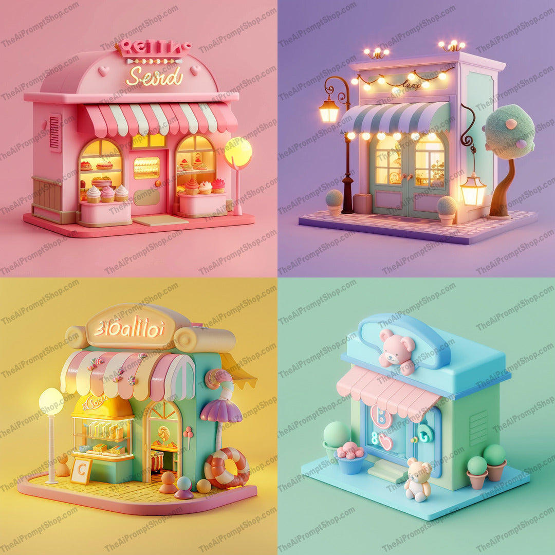 Cute Pastel Shops AI MidJourney Image Prompt, 8778 Animation & Cartoons, midjourney, cute, pastel, shopfront, shop, store, whimsical, playful, colorful, awning, soft lighting, adorable, decor, cozy, inviting, illustration, design, art, charming, sweet, kawaii, Midjourney, Ai, Ai Image Prompt, Image Prompt, Prompt