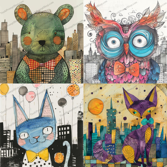 Whimsical Urban Animals AI MidJourney Image Prompt, 9591 Storybook Illustrations, midjourney, whimsical, urban, animals, cityscape, illustration, colorful, pattern, chic, artistic, decorative, fashionable, modern, intricate, creative, detailed, stylized, playful, fun, vibrant, unique, Midjourney, Ai, Ai Image Prompt, Image Prompt, Prompt