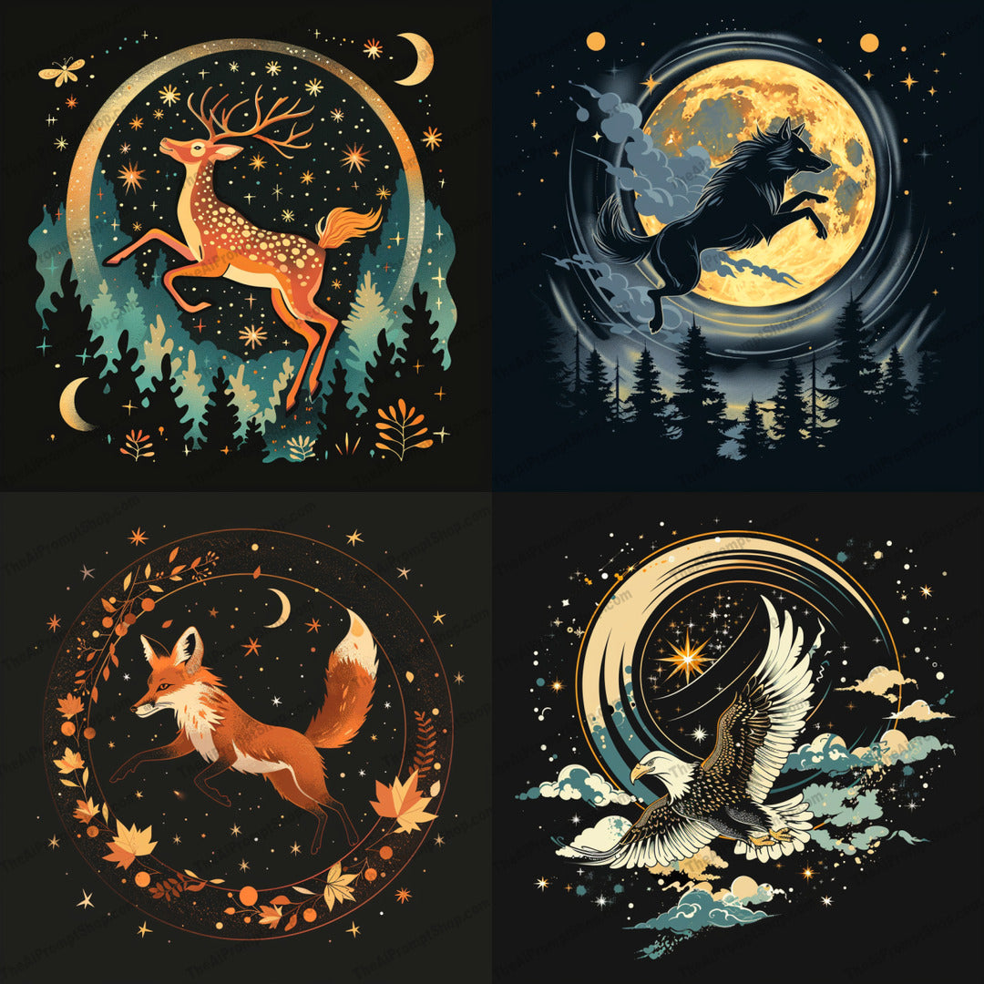 Celestial Animal Illustrations AI MidJourney Image Prompt, 8764 Animals, midjourney, celestial, animal, illustration, starry sky, night, dream-like, detailed, ethereal, magical, deep blues, golds, whites, deer, wolf, fox, eagle, nature, moon, stars, forest, fantasy, Midjourney, Ai, Ai Image Prompt, Image Prompt, Prompt