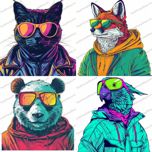 Cool Animal Portrait with Sunglasses AI MidJourney Image Prompt, 9270 Animals, midjourney, animal, cool, sunglasses, fashion, stylish, modern, digital illustration, vibrant, trendy, unique art, portrait, high-quality, contemporary, clothing, vector art, detailed, colorful, illustration, fashionable, hipster, Midjourney, Ai, Ai Image Prompt, Image Prompt, Prompt